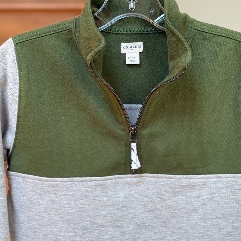 Crewcuts Kid’s Zip-Up Sweater in Olive and Heather Gray